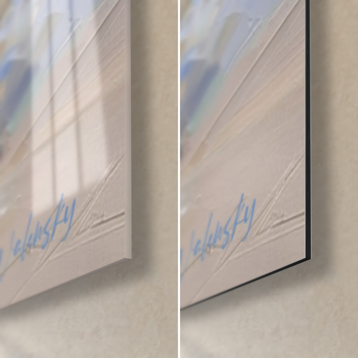 Tableau coursier blanc en éclats de peinture : coin bas droit en verre acrylique brillant et en alu Dibond mat, tranche 3 mm