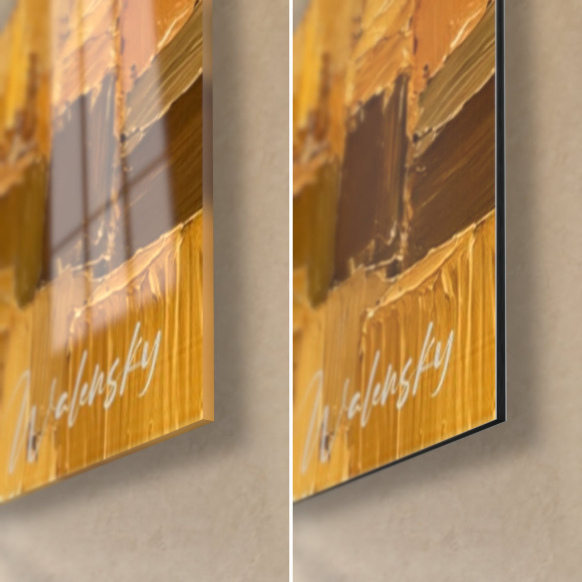 Schilderij van een vosse ruin in galop, rechtsonder in de hoek: glanzend acrylglas en mat Dibond-aluminium, dikte 3 mm, witte signatuur op oker