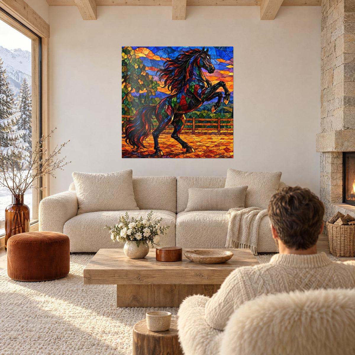 Tableau étalon noir cabré en vitrail, crinière rouge et bleue, ciel orange et indigo, au-dessus d'un canapé dans un salon lumineux