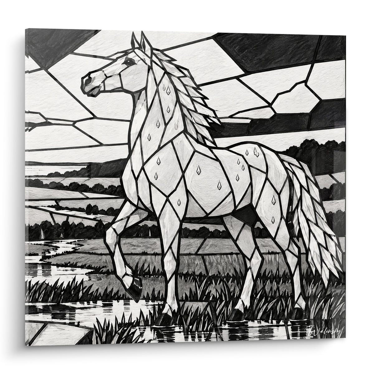 Tableau cheval blanc et noir façon vitrail avançant dans un marais, crinière effilée et ciel fragmenté