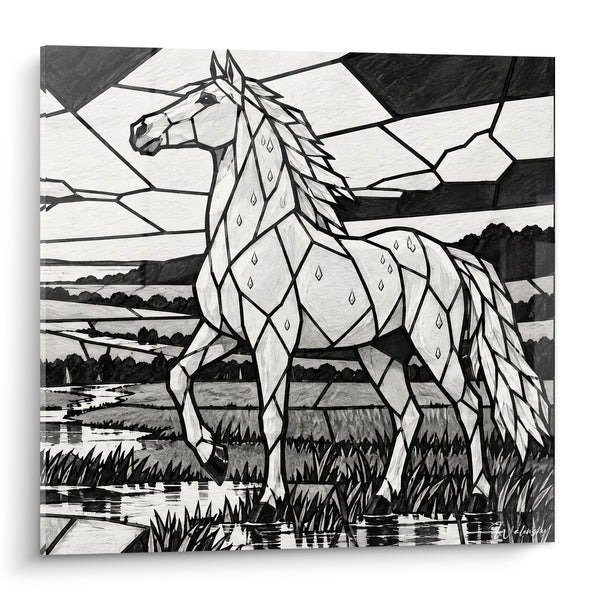 Tableau Cheval blanc et noir façon vitrail - Traversée silencieuse - Edition Cheval