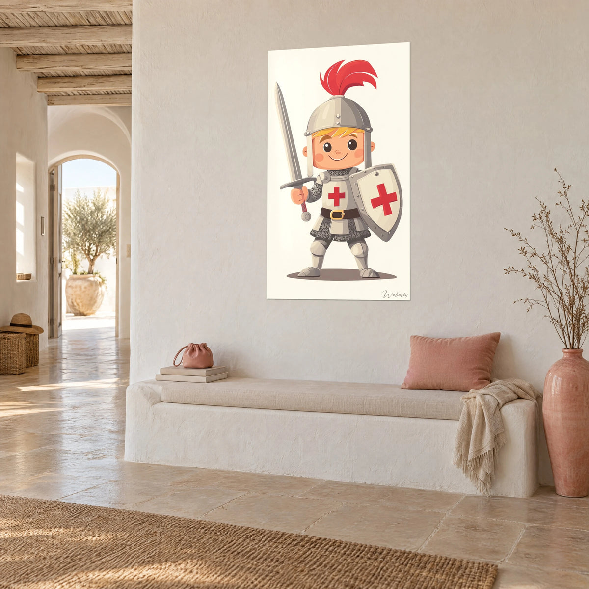 Quadro di un giovane guerriero con elmo d'acciaio e scudo con croce scarlatta, sfondo color crema, vista a tre quarti in una casa mediterranea