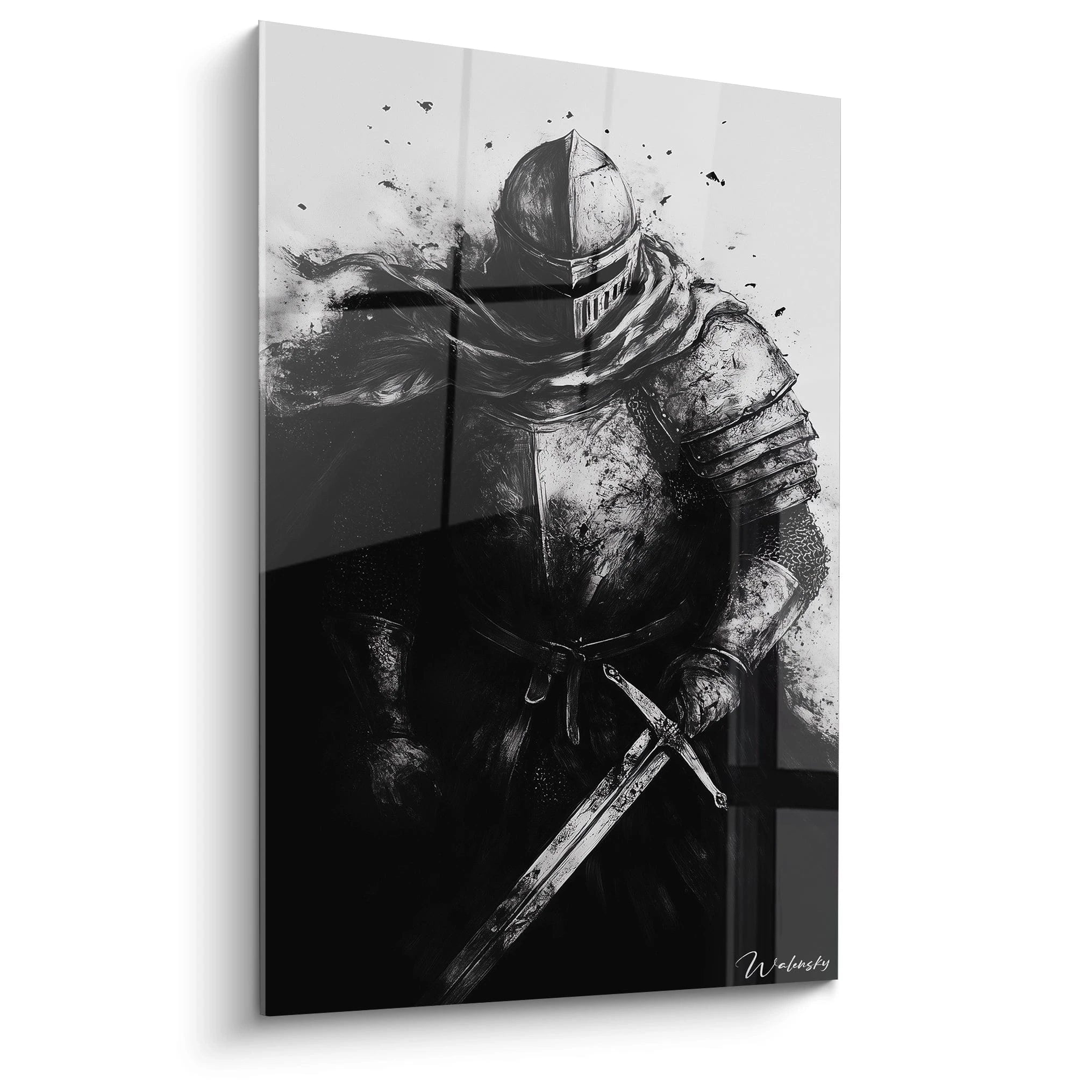 Un tableau médiéval représentant un chevalier en armure complète tenant une épée, réalisé en noir et blanc avec des traits expressifs et des éclaboussures d'encre créant un effet dramatique. Le heaume fermé et la posture imposante dominent la composition.
