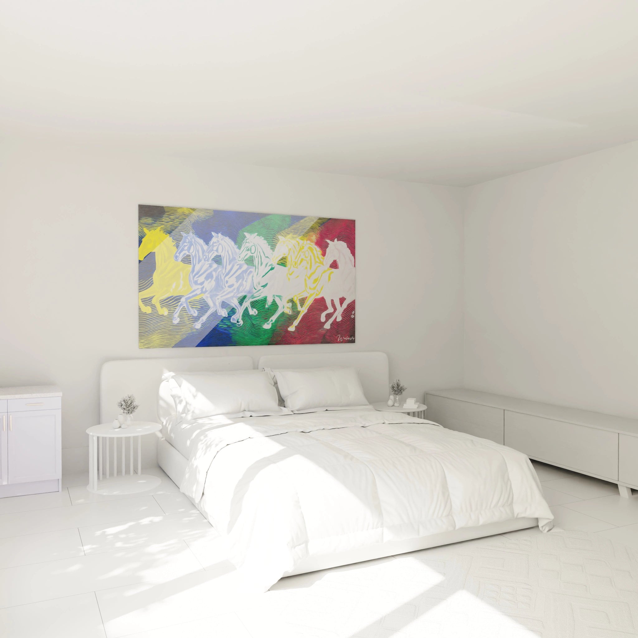 tableau chevaux op art Walensky mural coloré au dessus du lit blanc minimaliste dans une chambre moderne