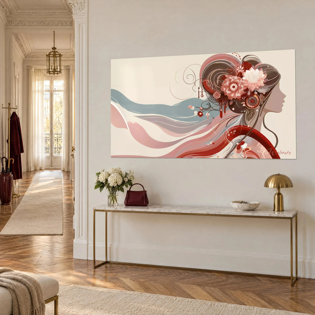 Tableau silhouette de geisha stylisée, pivoines blanches et dahlia corail, écharpe rouge sombre, console dorée haussmannienne