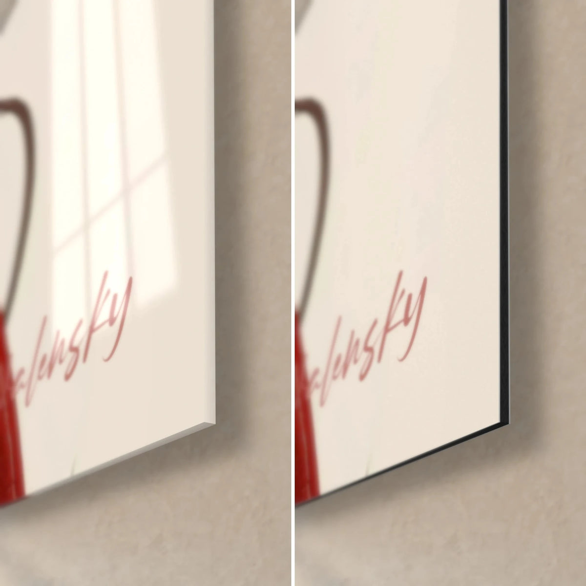 Tableau femme au chignon de fleurs, coin bas droit : signature rose sur crème, verre brillant à gauche, Dibond mat noir à droite