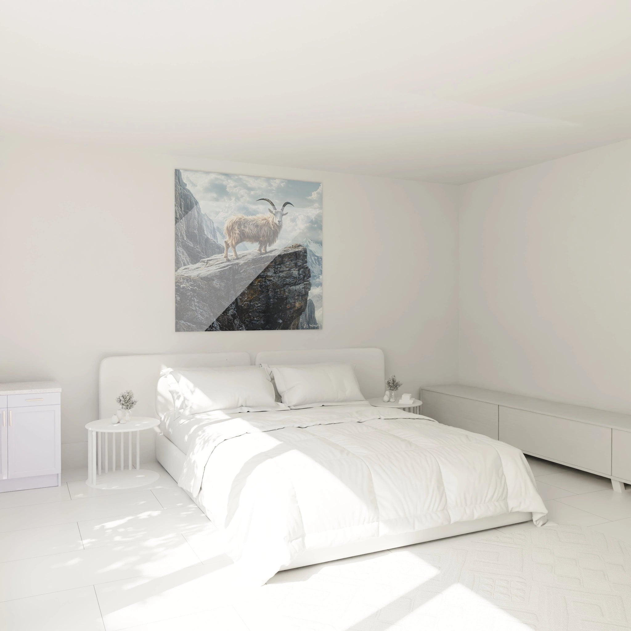 Tableau chèvre des montagnes Walensky accroché dans une chambre lumineuse et minimaliste