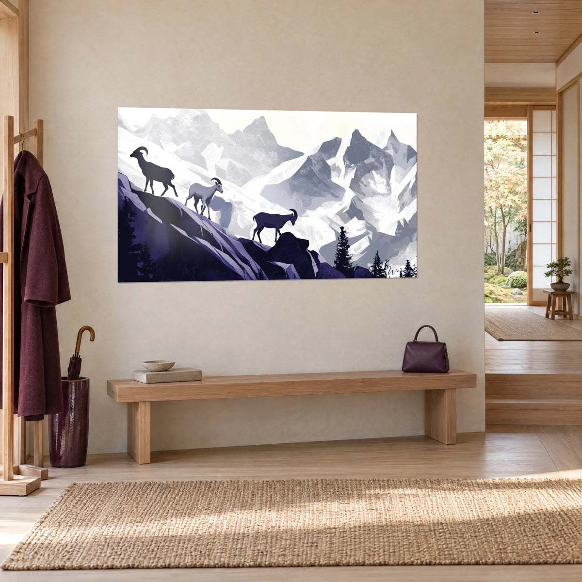 Wall art mountain goats descending a violet ridge, black pines and frosted silver-grey peaks, three-quarter view on a beige wall
