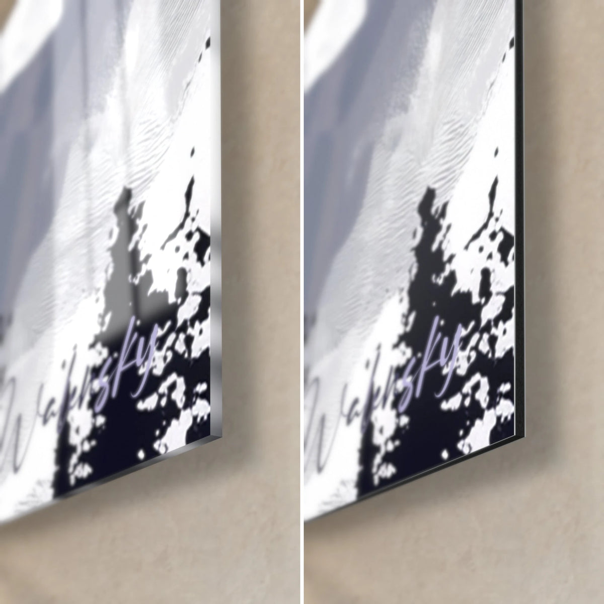 Wall art ibex with curved horns, bottom right corner: glossy acrylic glass with reflections, matte aluminium Dibond, 3 mm edge, indigo and white ink