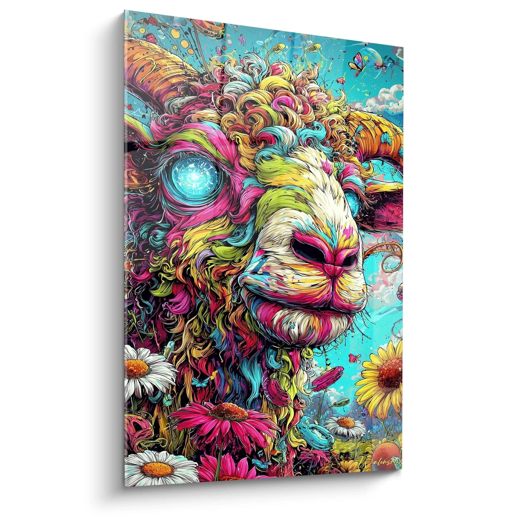 Tableau mural lion psychédélique aux couleurs vives avec crinière multicolore et œil cosmique bleu