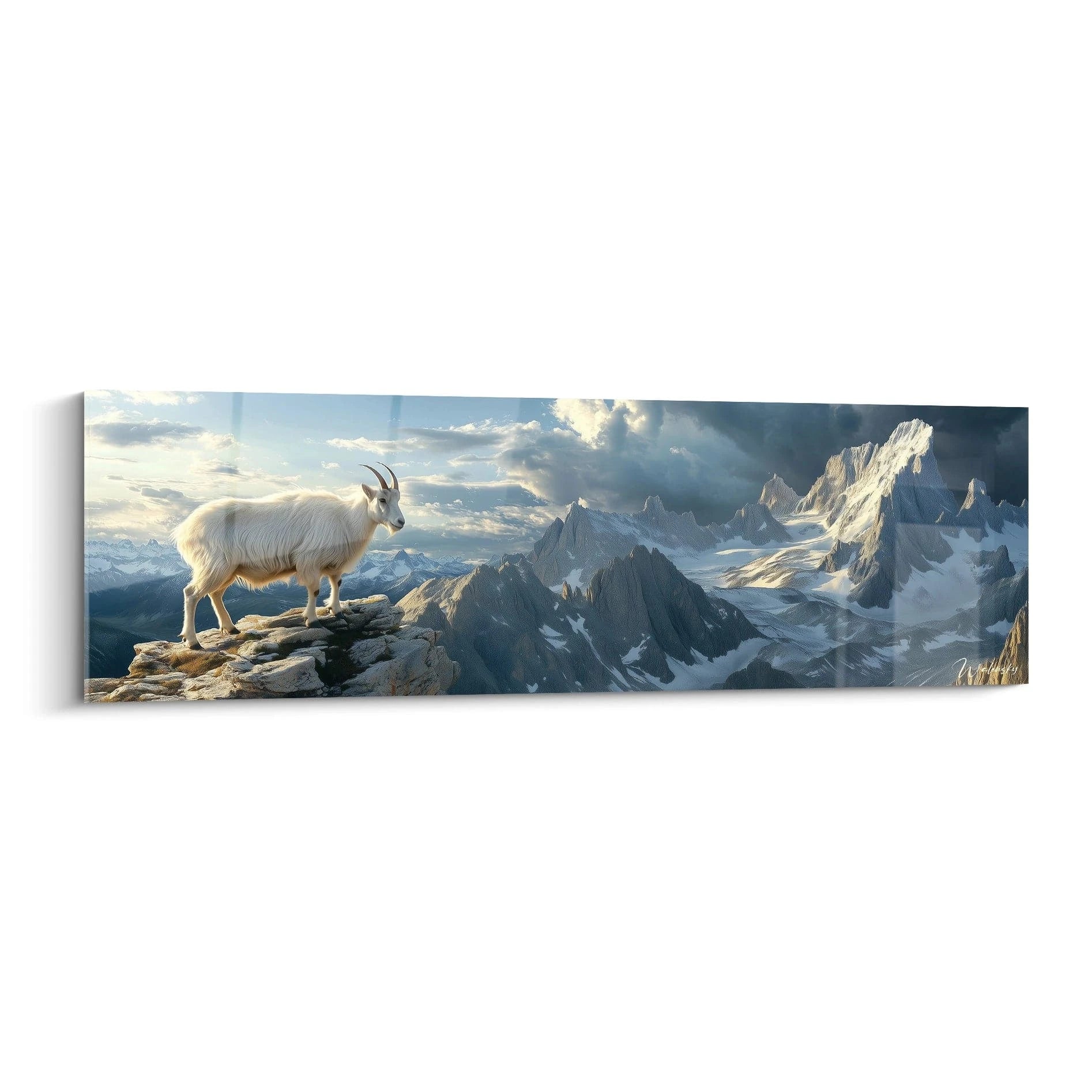 Tableau Walensky représentant une chèvre des montagnes sur un rocher avec un paysage montagneux enneigé en arrière-plan