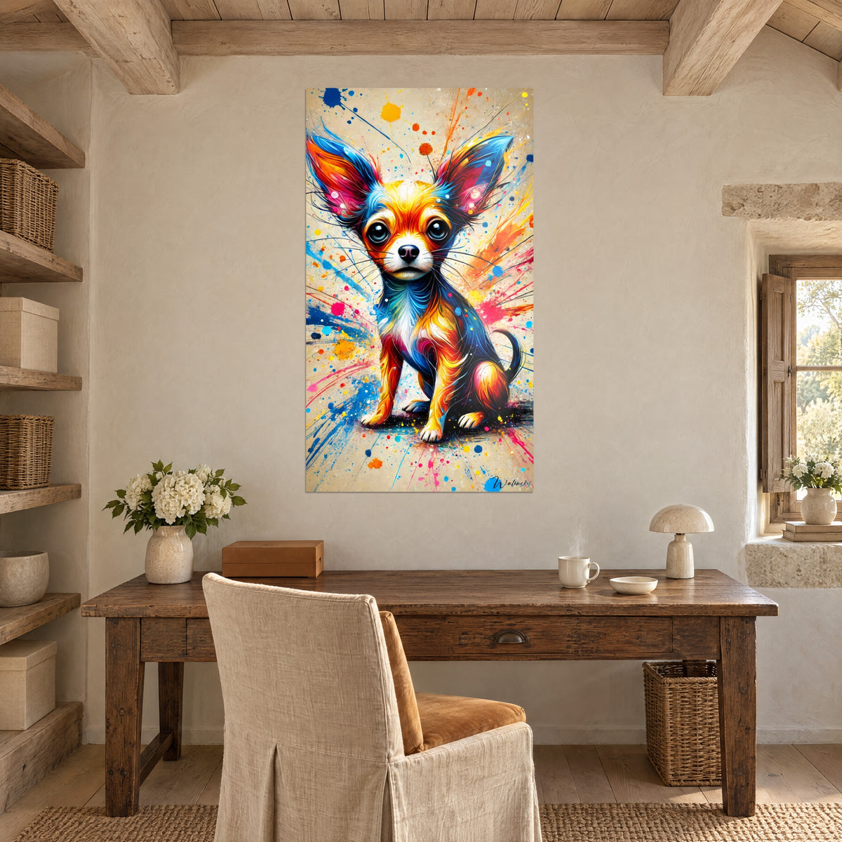 Tableau chienne miniature au regard rond, robe jaune et bleue, éclats de peinture orange, au mur d'un bureau en bois ancien