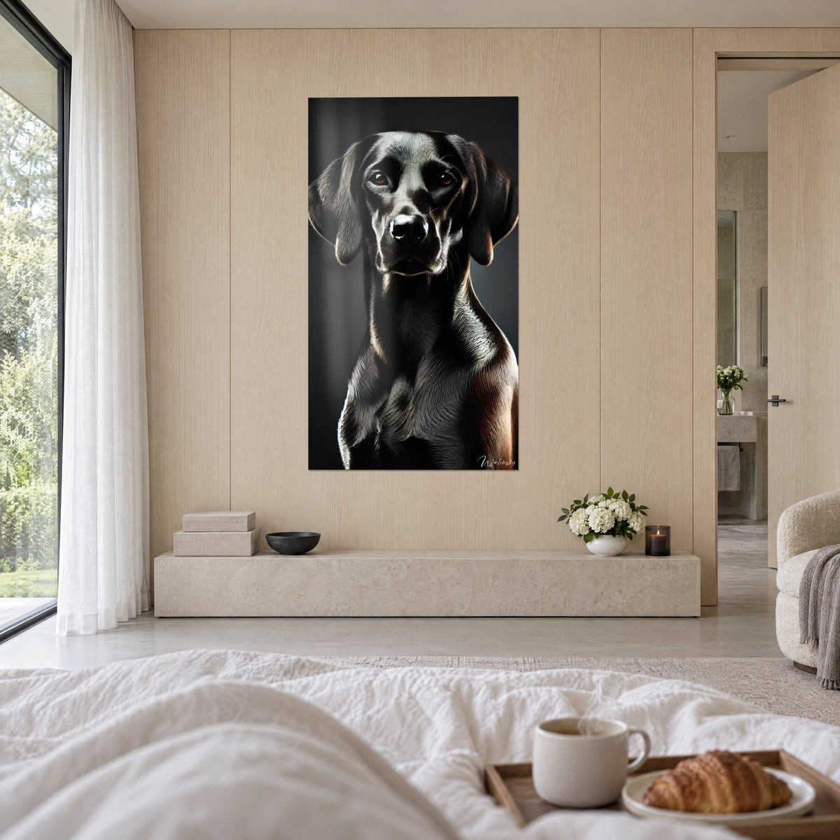Cuadro perro de caza negro de pelo satinado, tonos marrones y grises sobre fondo oscuro, encima de una cama en un dormitorio luminoso