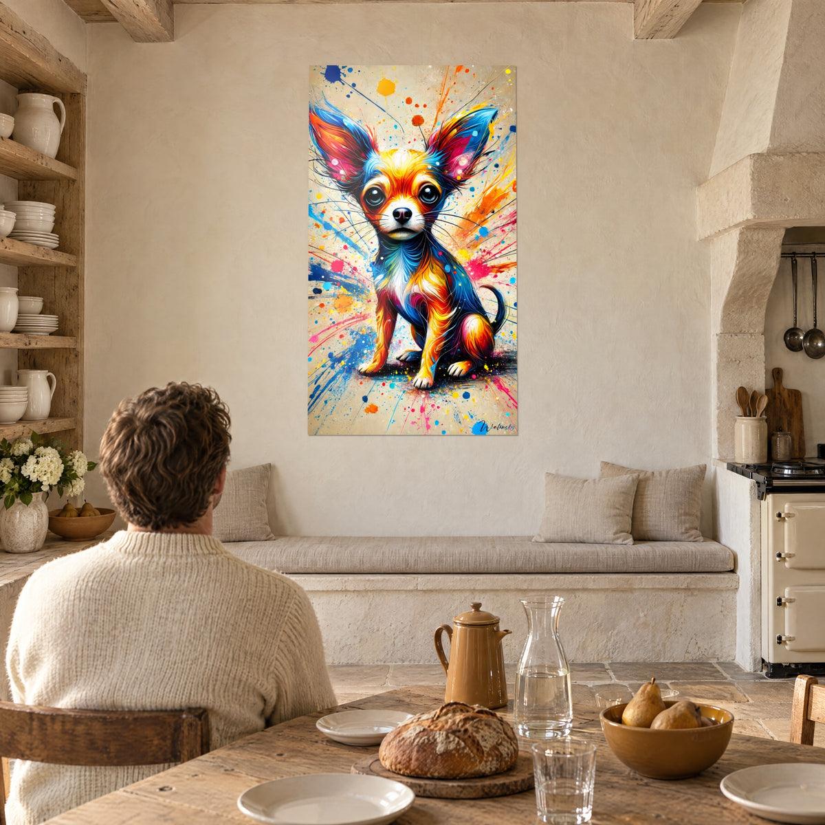 Tableau toutou aux oreilles de chauve-souris, fourrure rouge et turquoise, gouttes de peinture, face à une table en bois rustique