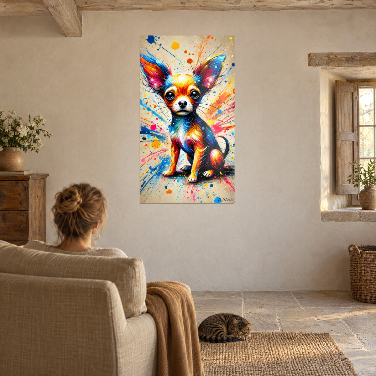 Tableau compagnon à quatre pattes pop art, pelage safran et azur, éclaboussures roses, contemplé depuis un fauteuil, chat tabby