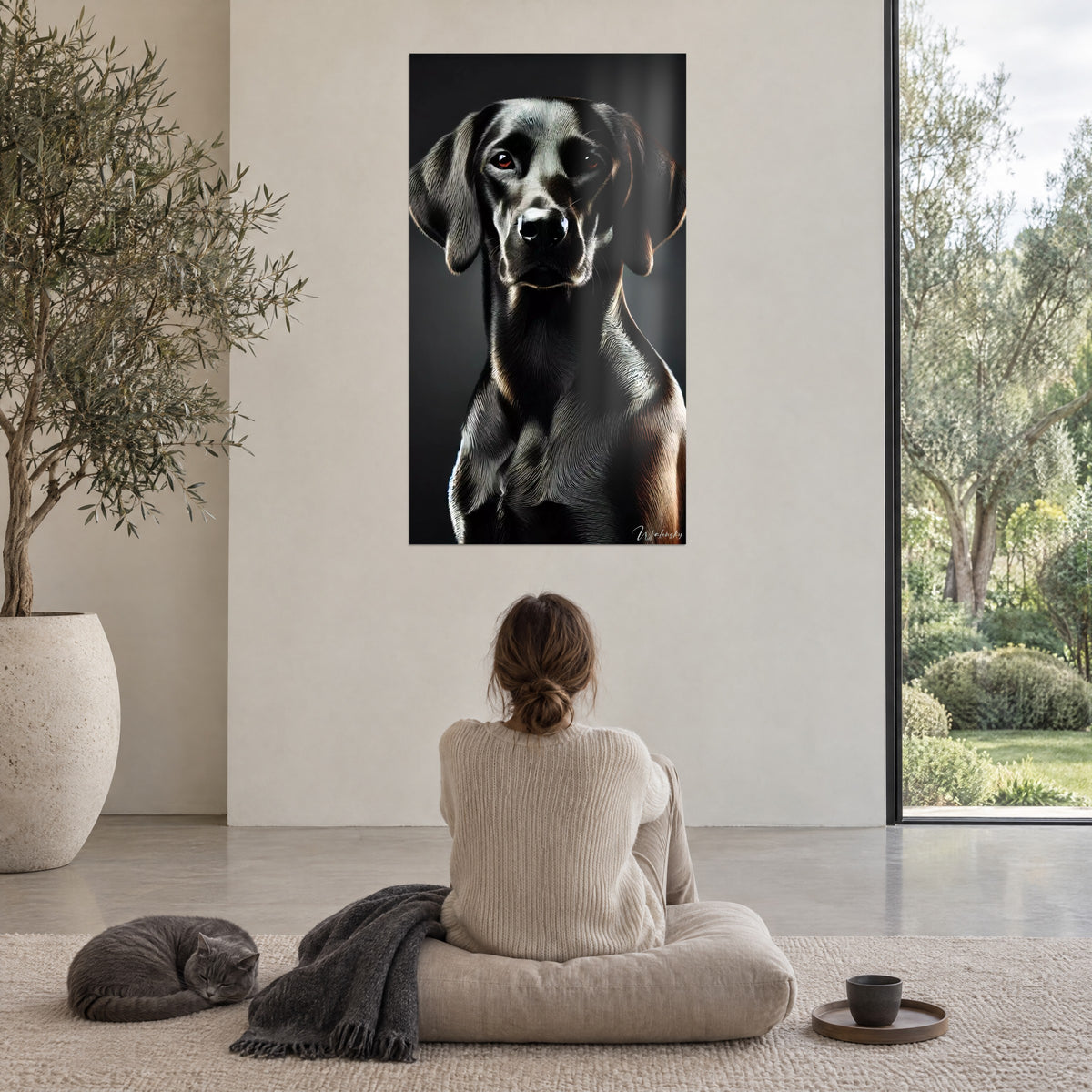 Cuadro elegante perro negro con reflejos bronce sobre fondo gris oscuro, pared blanca frente a un puf beige y un gato tranquilo