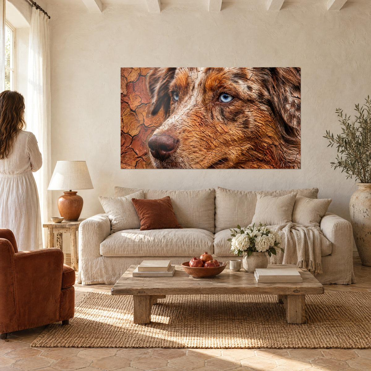 Tableau berger australien aux yeux bleus, pelage roux et crème sur fond craquelé, au-dessus d'un canapé dans un salon lumineux