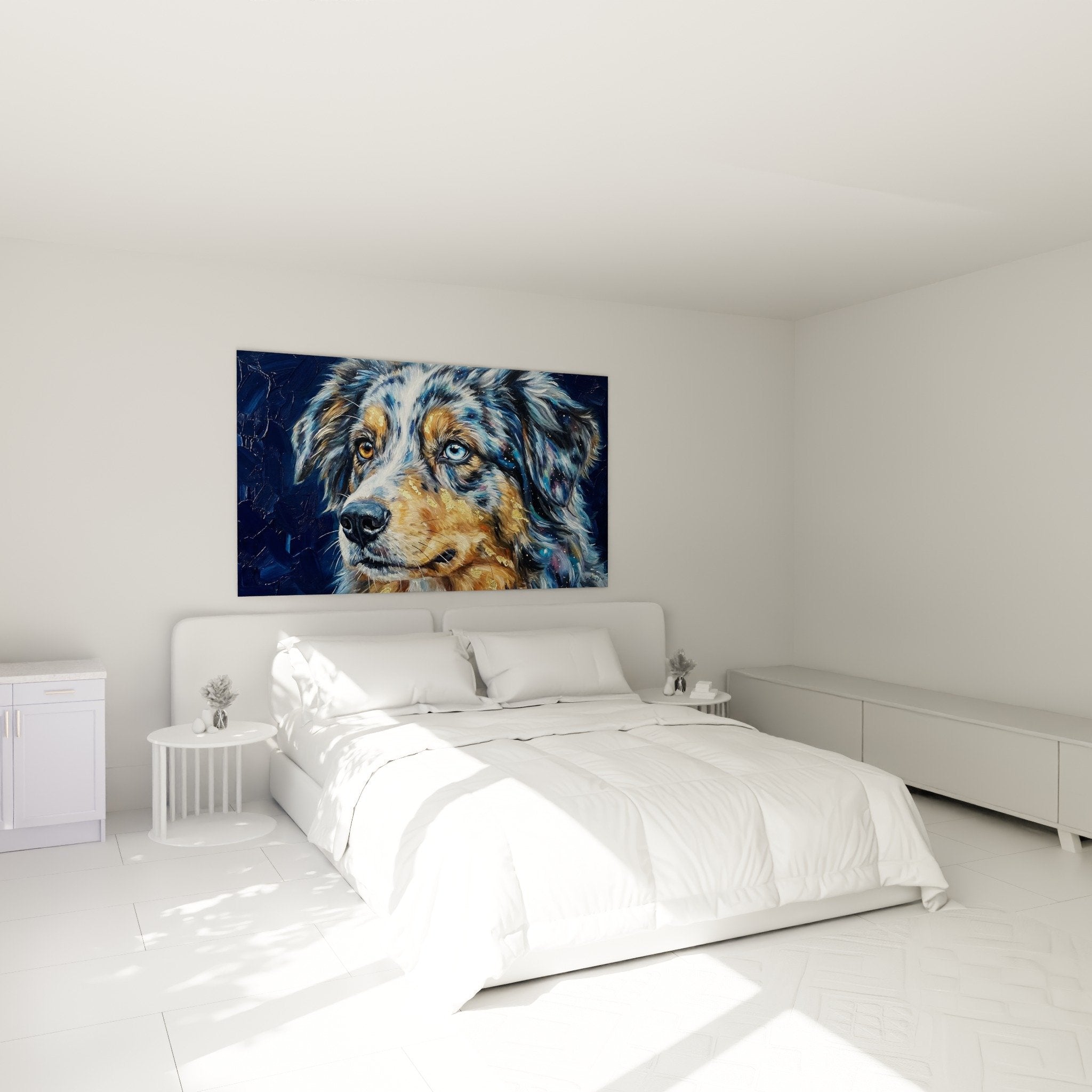 Tableau chien yeux vairons décorant chambre moderne murs clairs ambiance apaisante
