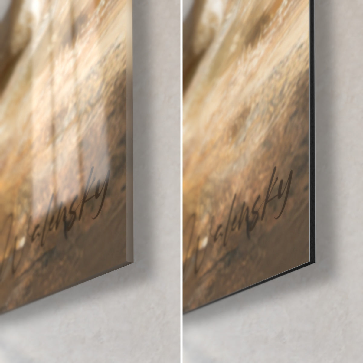 Wall art howling Aussie, bottom right corner: glossy acrylic glass with ochre reflections on the left, matte aluminium Dibond on the right