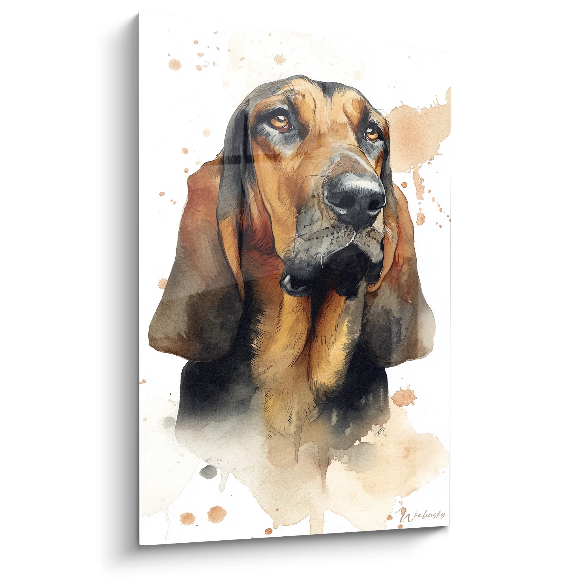 Portrait aquarelle chien Bloodhound tons dorés bruns regard expressif style artistique moderne éclaboussures colorées