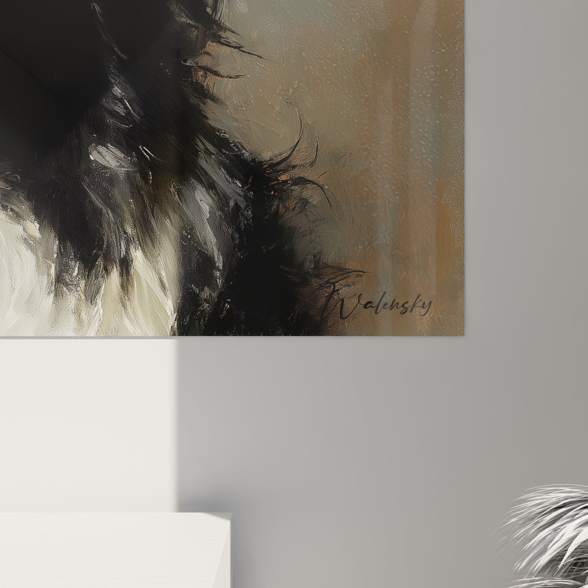 Vista d'insieme quadro border collie ritratto realistico decorazione interna parete beige