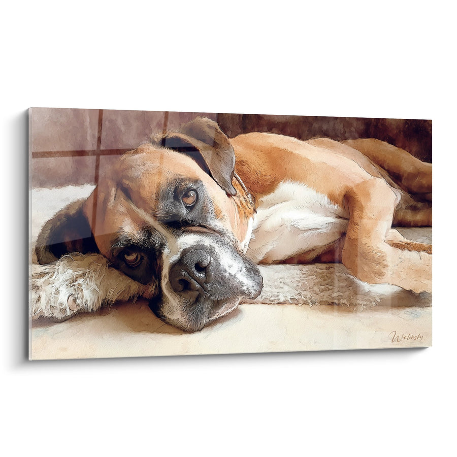 Tableau Chien Boxer Allongé aux Tons Dorés - Repos Paisible - Edition Boxer