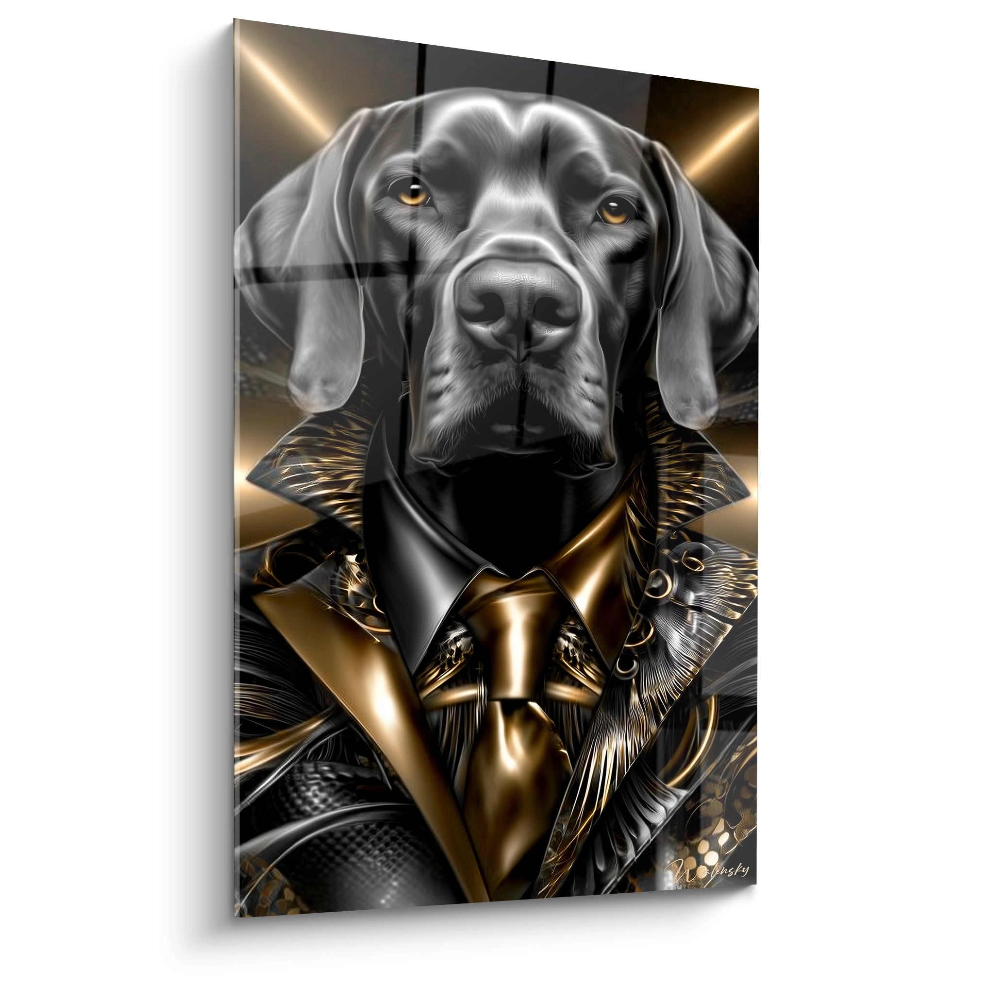 Tableau mural chien braque élégant en armure dorée édition or noir art décoratif noble