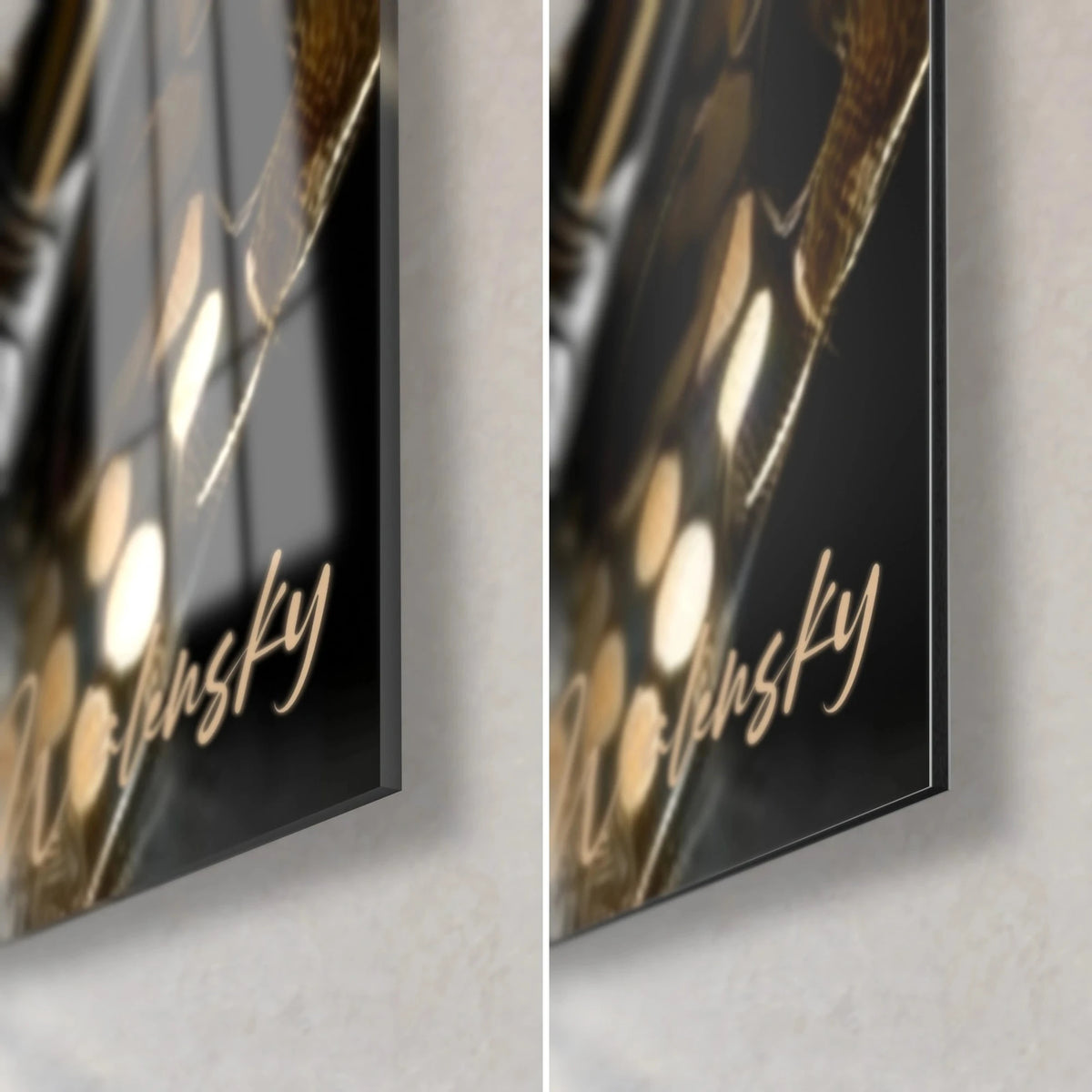 Wall art pointer dog in a gold jacket, bottom right corner: glossy acrylic glass with reflections on the left, matte Dibond on the right