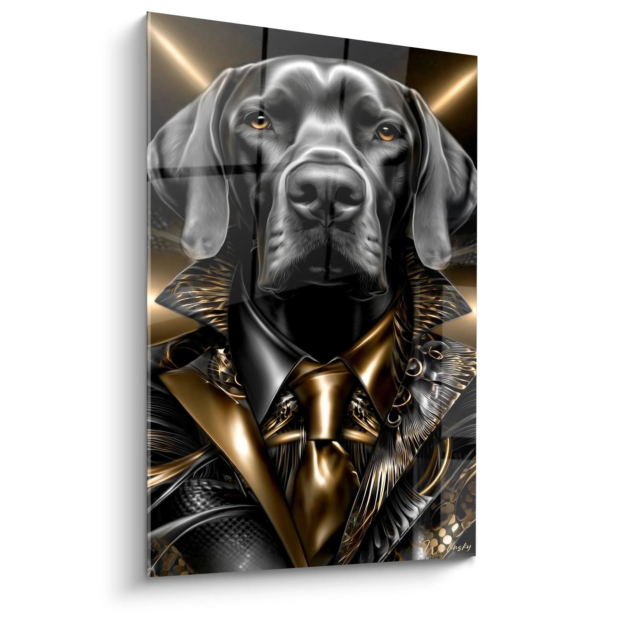 Tableau mural chien braque élégant en armure dorée édition or noir art décoratif noble