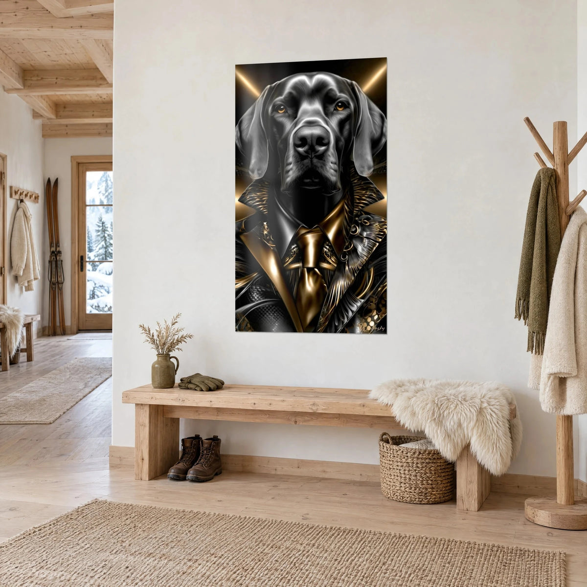 Wall art elegant dog portrait, ornate black and gold collar, golden rays, hung in the entrance of a wooden chalet