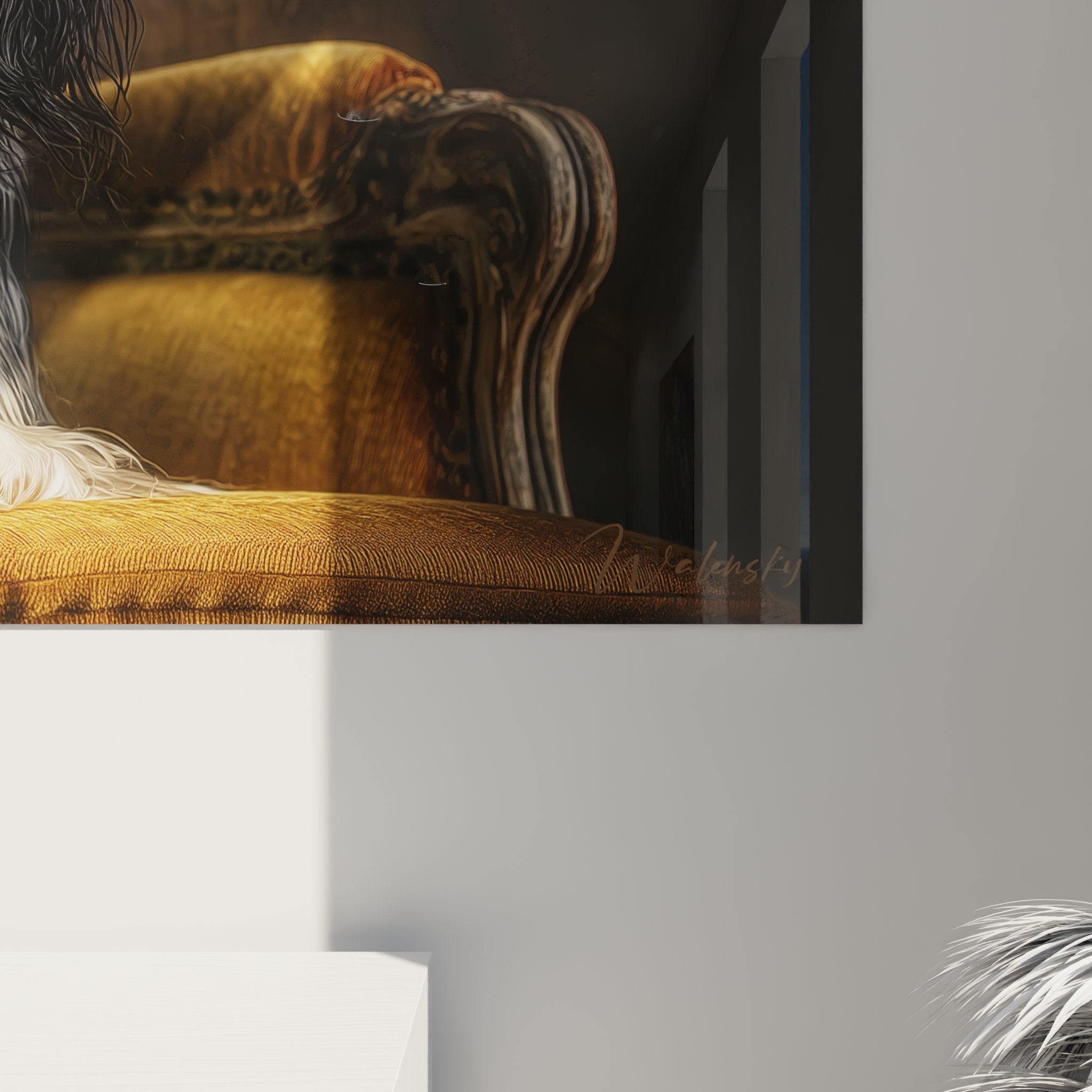 Gesamtansicht Gemälde Cavalier King Charles im bürgerlichen Wohnzimmer mit vergoldetem Barocksessel elegante Wanddekoration