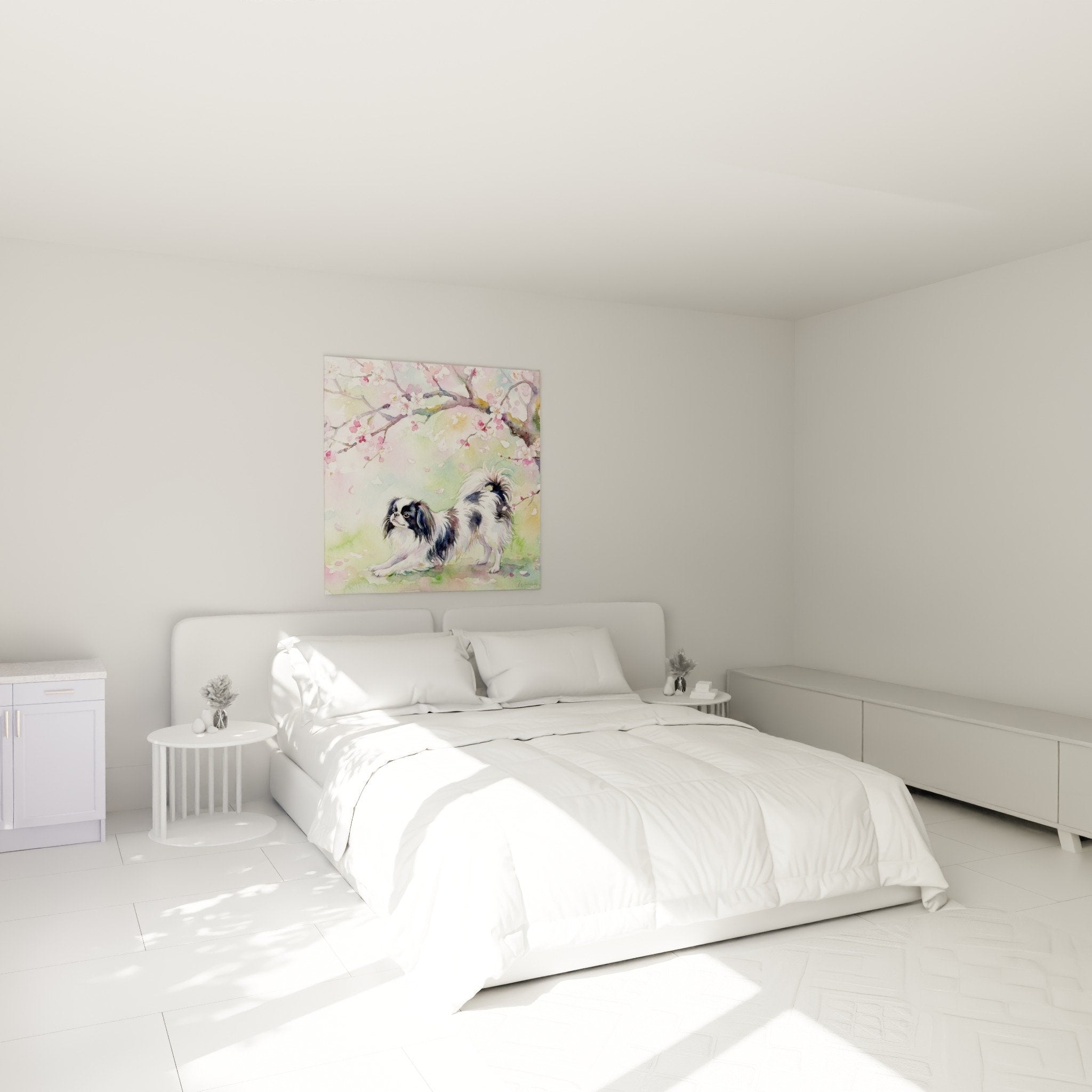 Tableau aquarelle chien cerisiers roses decoration murale chambre ambiance douce pastel