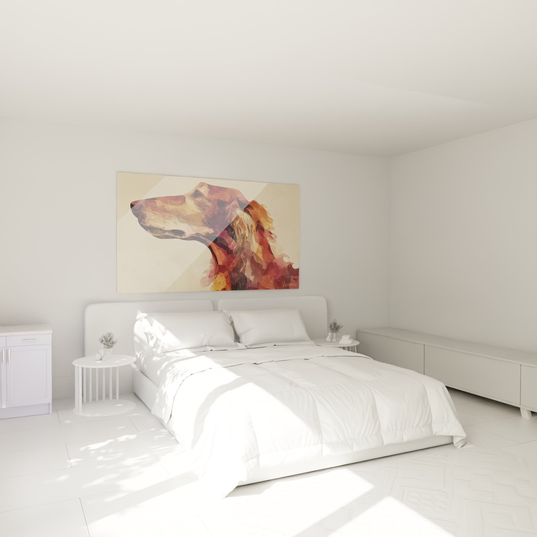 Tableau chien abstrait chambre mur beige decoration murale setter irlandais couleurs automnales