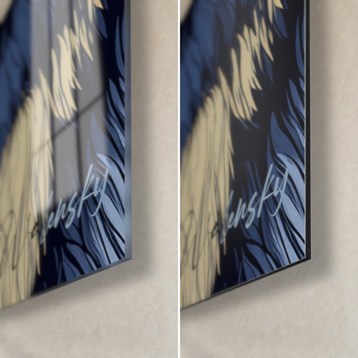 Tableau chow-chow, mèches dorées sur fourrure bleu marine, coin bas droit en verre brillant et Dibond mat, tranche de 3 mm