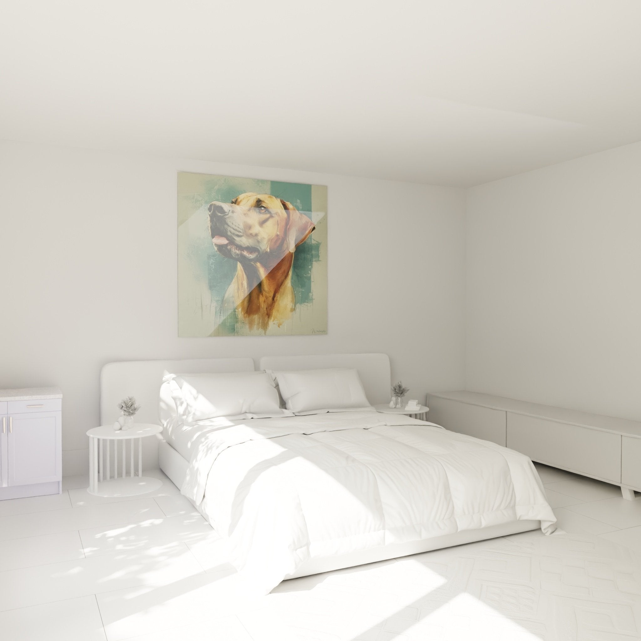 Tableau portrait chien doré dans chambre moderne, décoration murale élégante tons chauds