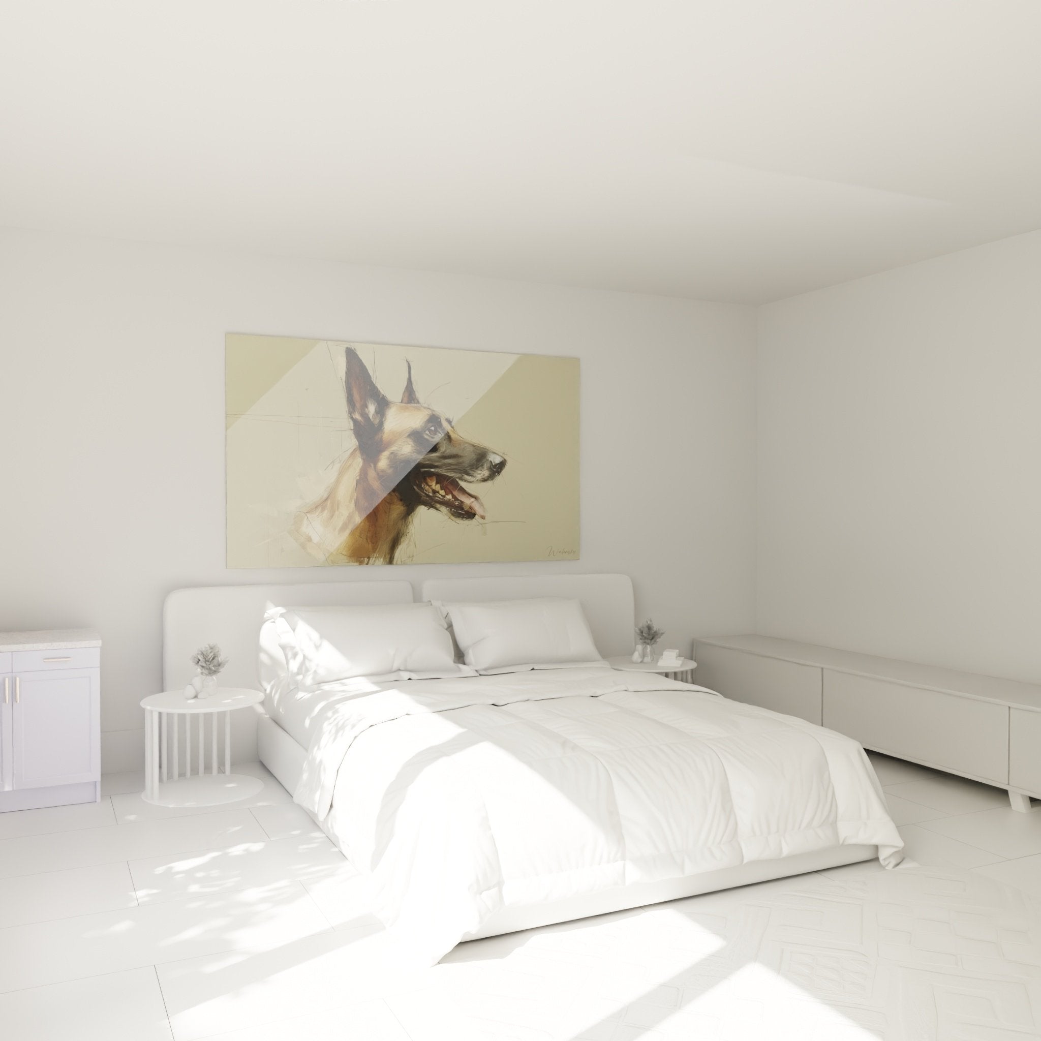 Tableau portrait chien esquisse tons chauds decoration murale chambre ambiance contemporaine beige dore
