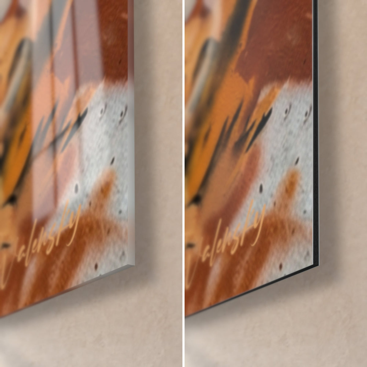 Tableau Irish wolfhound pochoir, coin bas droit : verre brillant à gauche, Dibond mat à droite, tranche fine, orange et gris