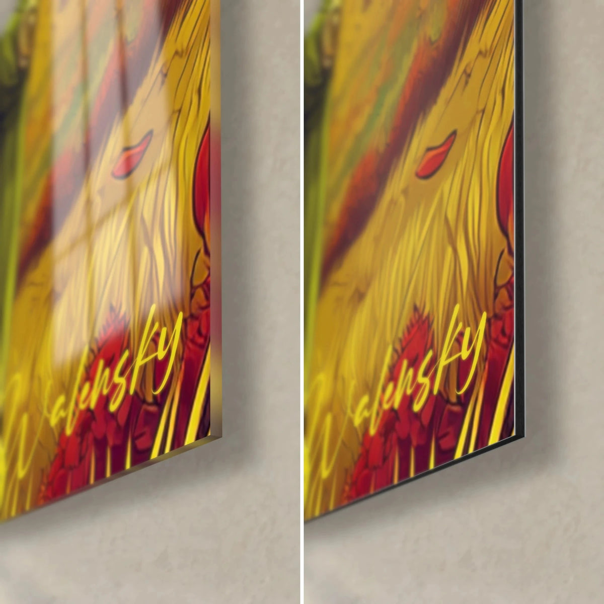 Wall art adventurous dog with yellow glasses, bottom right corner: glossy acrylic glass on the left, matte Dibond aluminium on the right, 3 mm edge