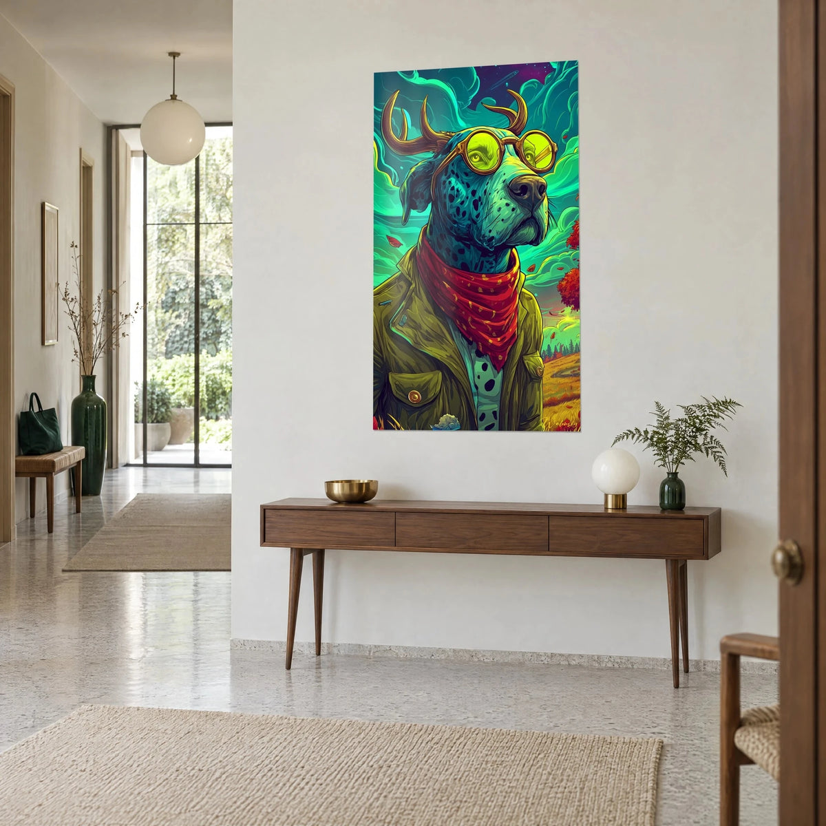 Wall art spotted mastiff in khaki jacket, gilded wood and red bandana, swirling turquoise sky, hung above a wooden console