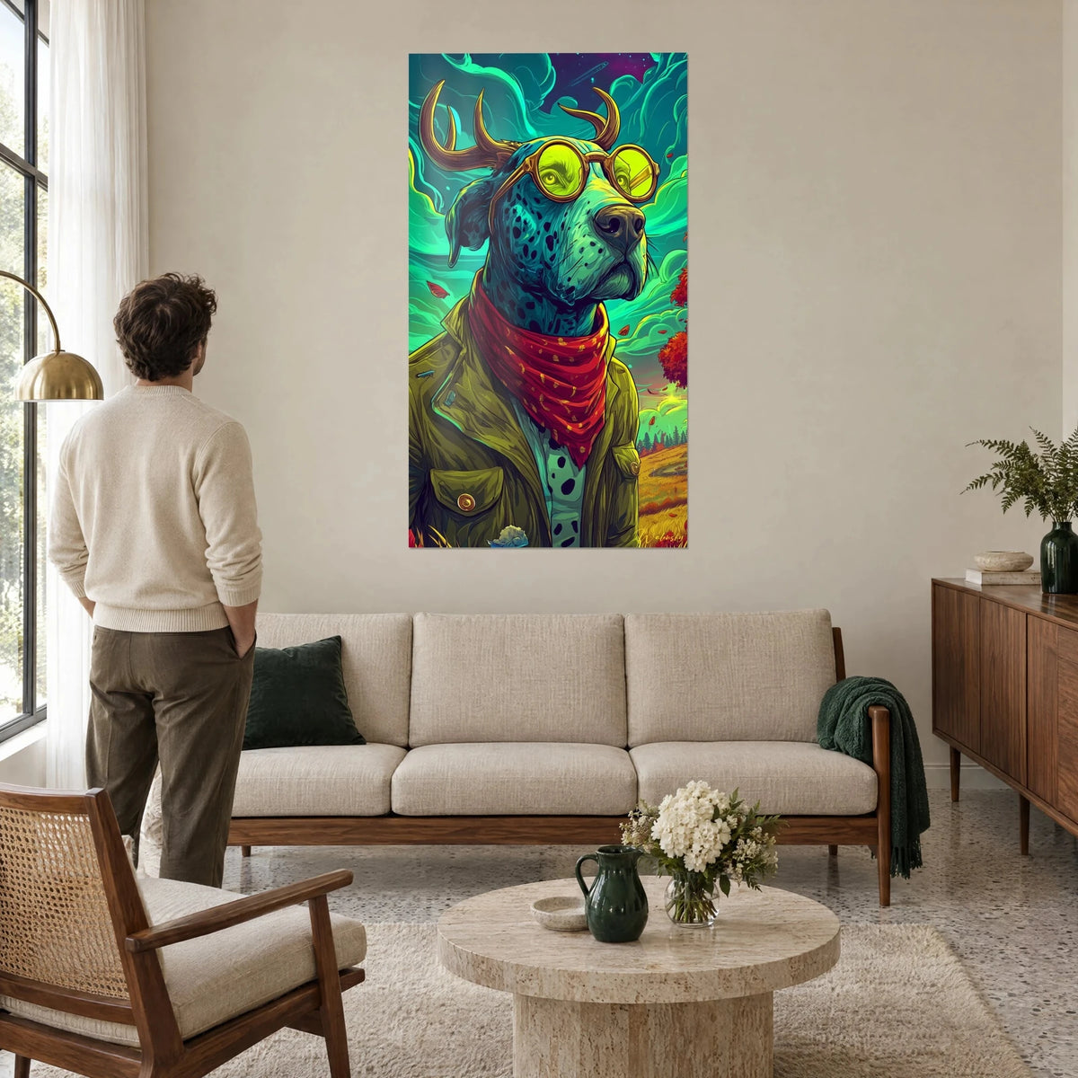 Wall art stag-horned dog with neon yellow glasses and red scarf against a turquoise green sky, above a sofa in a bright living room