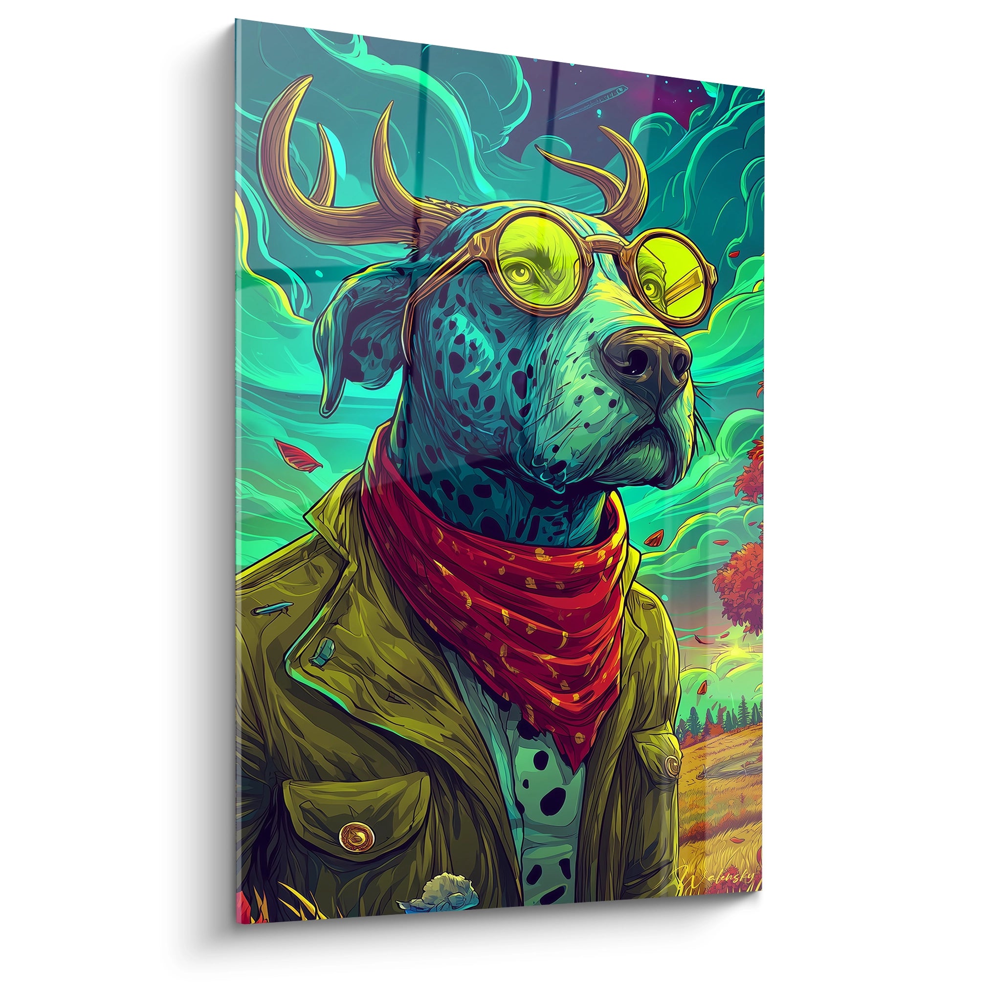 Tableau mural chien humanisé avec cornes et lunettes style bande dessinée fantastique