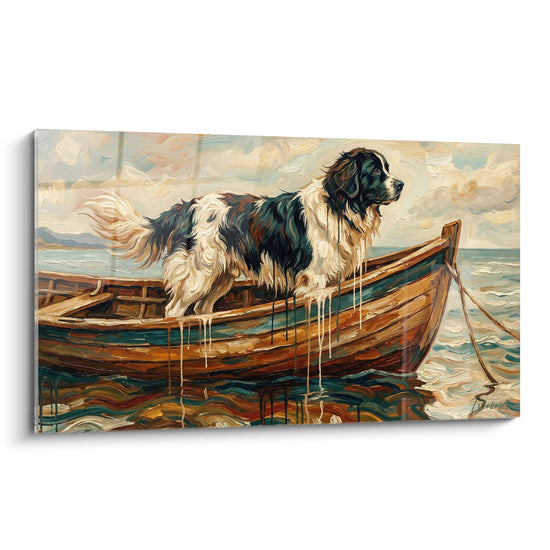 Quadro cane Landseer bianco e nero in piedi su barca in legno, stile marittimo con effetti artistici colati