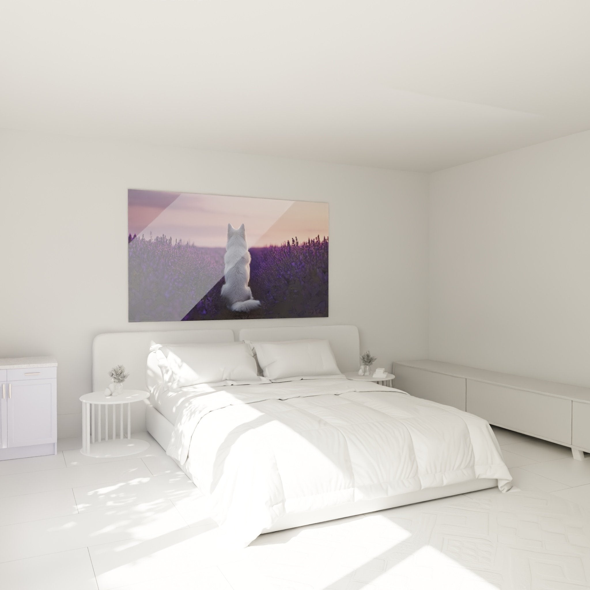 Tableau Berger Blanc Suisse lavande accroché au mur chambre decoration murale ambiance apaisante violette