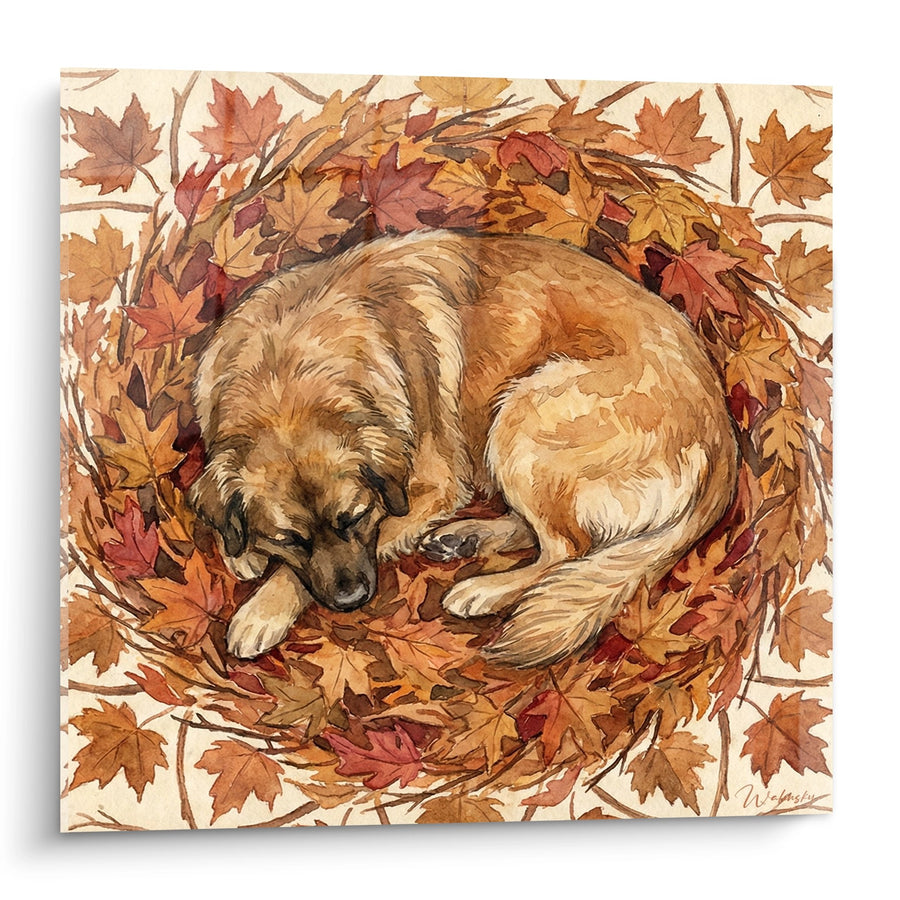 Tableau Chien Fauve Endormi dans les Feuilles d'Automne - Repos Chaleureux - Edition Leonberg