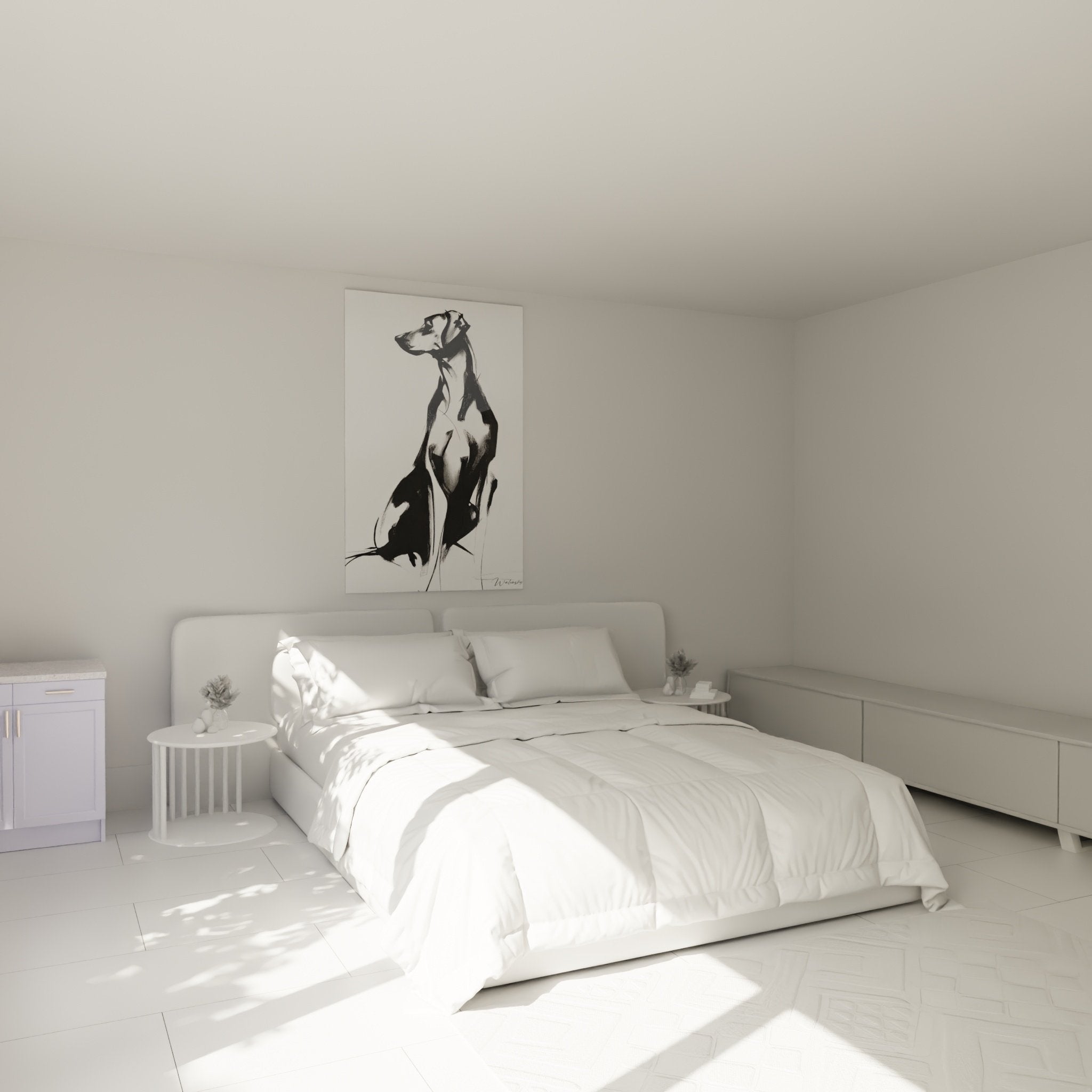 Tableau chien monochrome dans chambre moderne, art mural contemporain Rhodesian Ridgeback noir et blanc