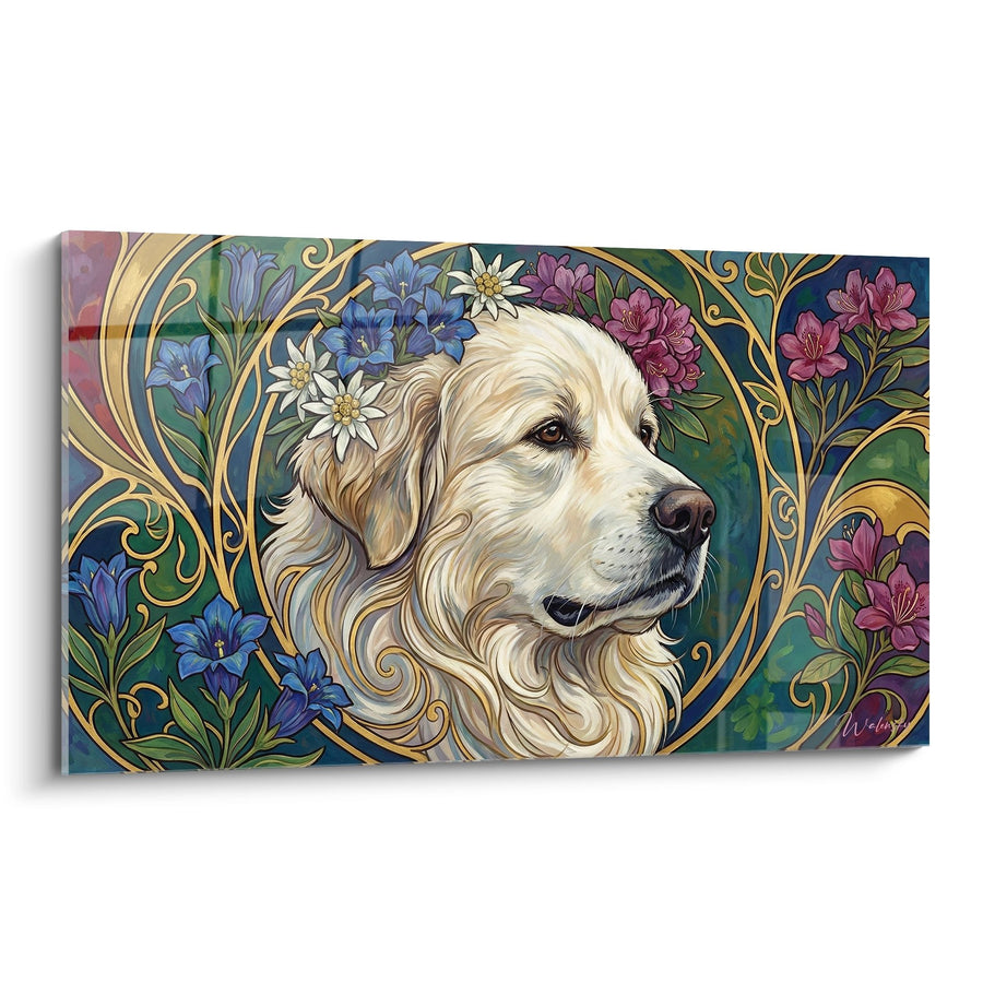 Tableau Chien Doré aux Fleurs Alpines - Portrait Décoratif Art Nouveau - Edition Montagne des Pyrénées