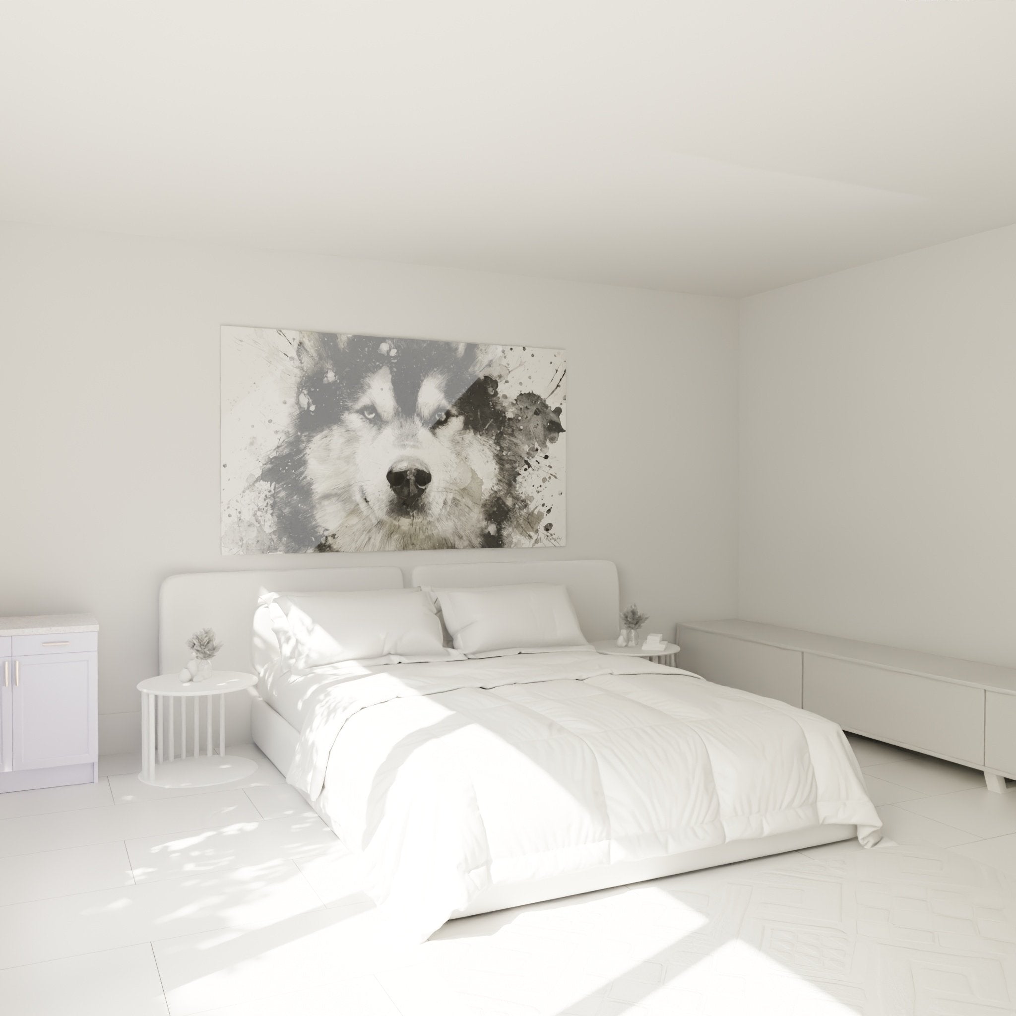 Tableau chien nordique portrait monochrome decoration chambre mur blanc ambiance moderne