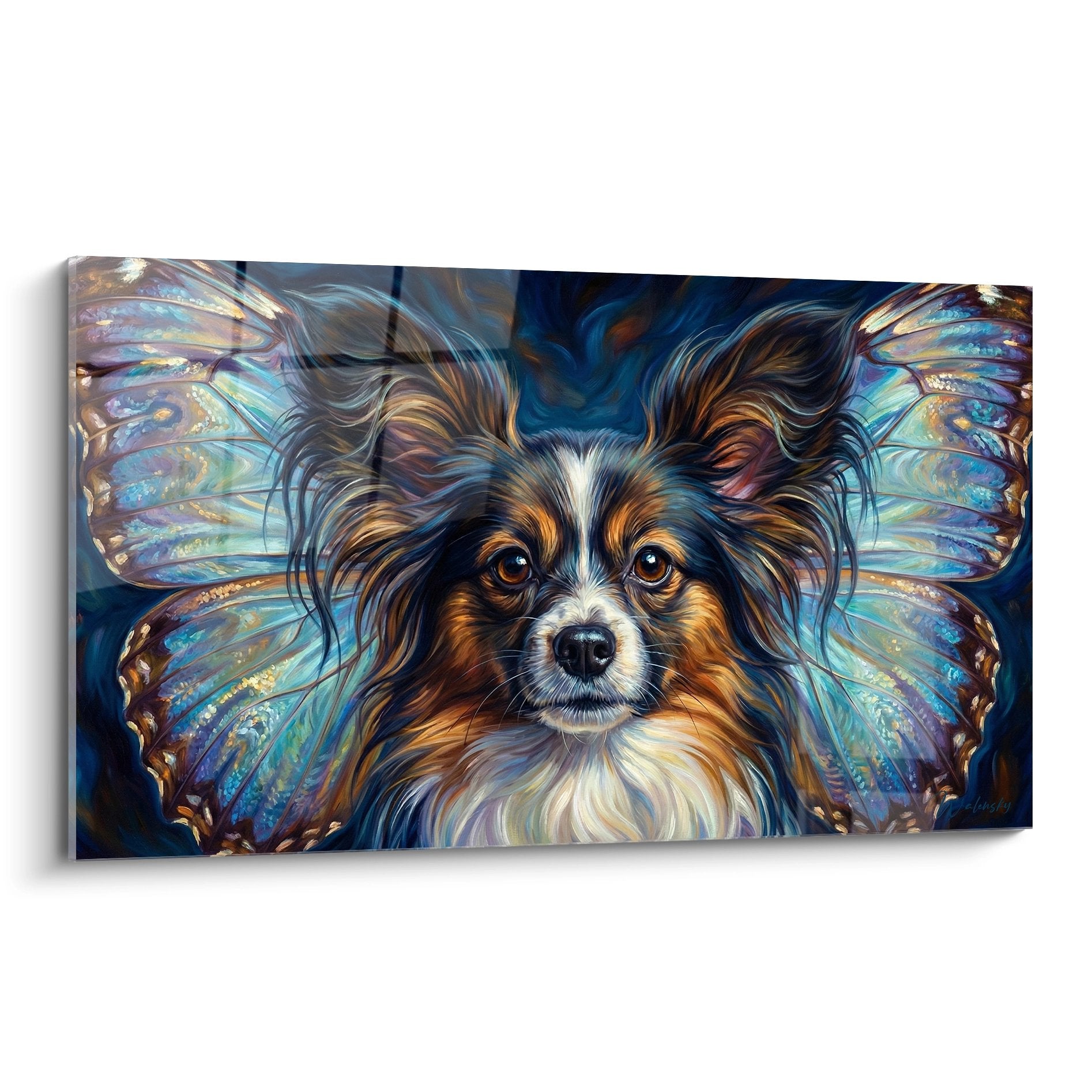 Tableau Chien Papillon aux ailes irisées bleu turquoise sur fond saphir, pelage roux et regard ambré expressif