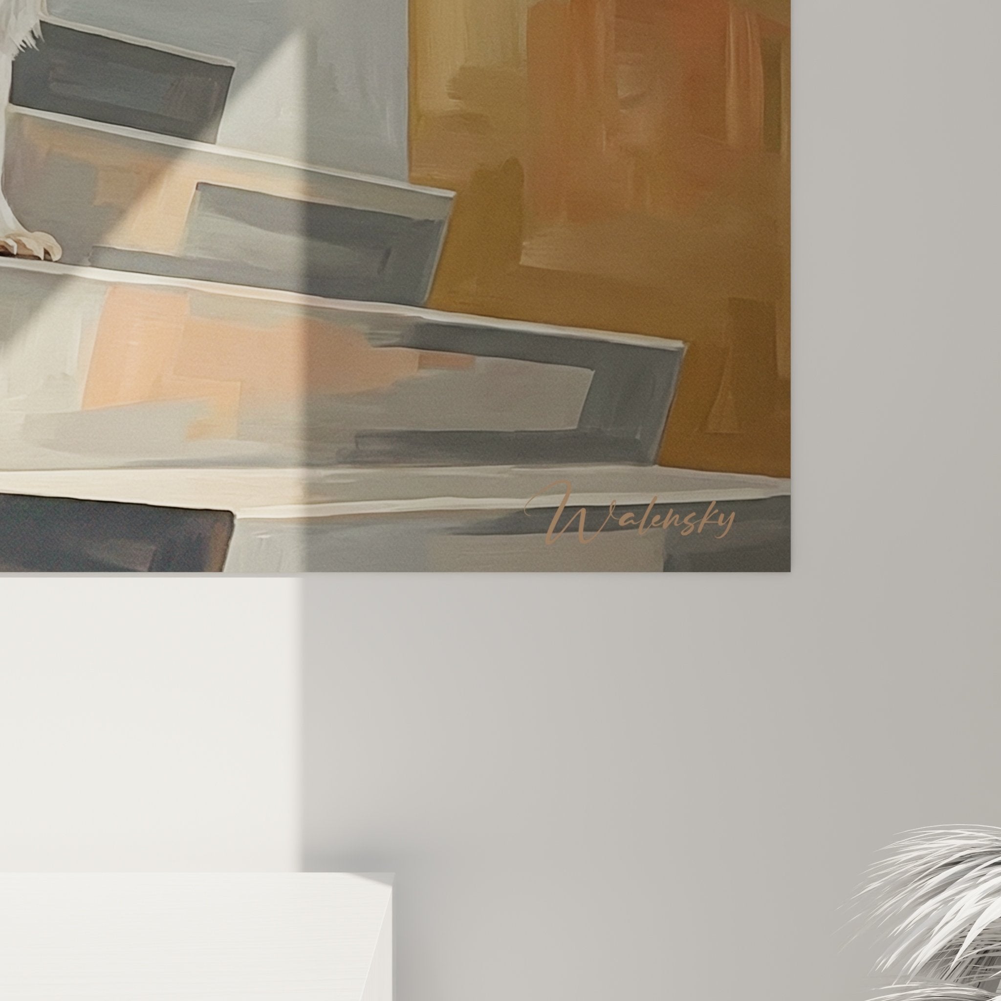 Vue ensemble tableau chien papillon geometrique art contemporain decoration interieur moderne sophistique