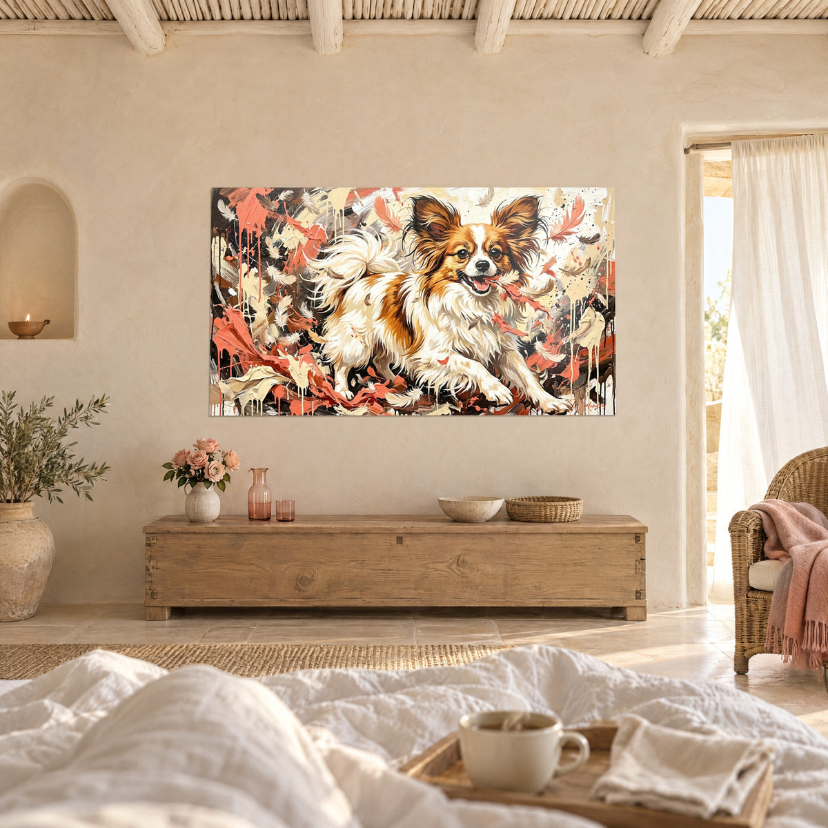 Tableau petit chien joyeux langue rose sortie, éclaboussures corail et ivoire, au-dessus d'un lit dans une chambre claire